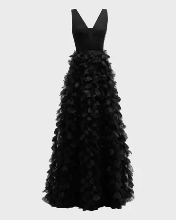 Marchesa Notte Deep V-Neck Ruffle Tulle Gown | Neiman Marcus