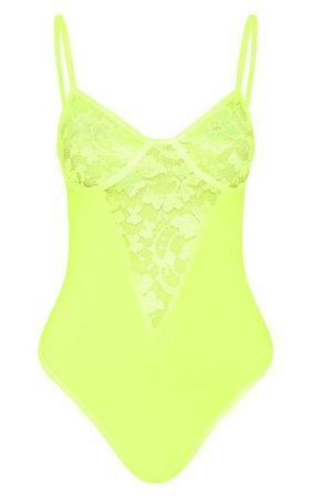Petite Neon Lime Strappy Lace Bodysuit | PrettyLittleThing