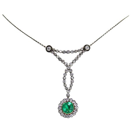 Antique Emerald and Old Cut Diamond Platinum and Gold Necklace, circa 1905 For Sale at 1stDibs
