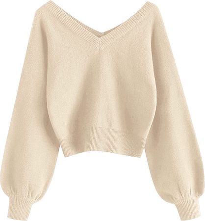 Amazon.com: ZAFUL Women's Cropped Sweater V-Neck Long Sleeve Crop Sweater Pullover Jumper Knit Top (1-Apricot, S) : Clothing, Shoes & Jewelry