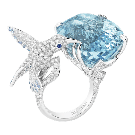 Boucheron, HOPI, THE HUMMINGBIRD RING Ring set with an aquamarine, paved with diamonds and sapphires, in white gold