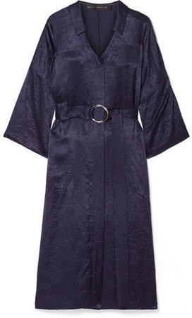 Sally LaPointe - Belted Crinkled Satin-twill Midi Dress - Navy