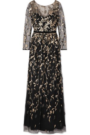 Marchesa Notte | Velvet-trimmed embroidered glittered tulle gown | NET-A-PORTER.COM