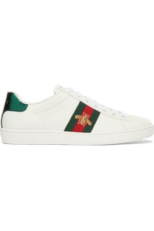 Gucci | Ace watersnake-trimmed embroidered leather sneakers | NET-A-PORTER.COM
