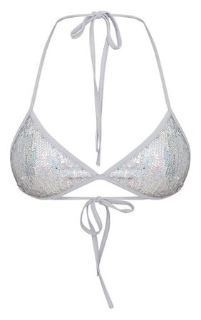 Multi Silver Sequin Triangle Bikini Top | PrettyLittleThing