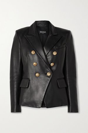 Black Double-breasted leather blazer | Balmain | NET-A-PORTER