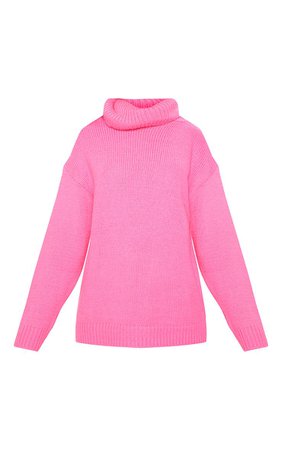Prettylittlething Hot Pink High Neck Fluffy Knit Jumper