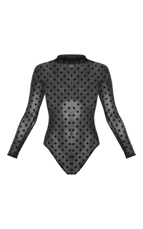 Black Printed Mesh High Neck Long Sleeve Bodysuit | PrettyLittleThing USA