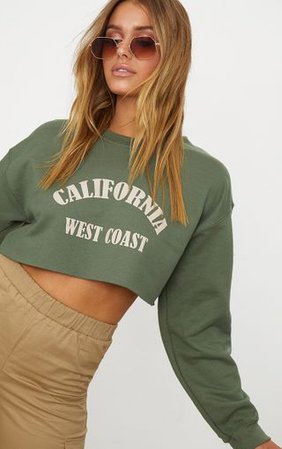 Khaki California Slogan Crop Sweater | Tops | PrettyLittleThing
