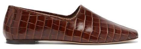 Petra High Cut Crocodile Effect Leather Loafers - Womens - Dark Brown