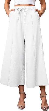 KTILG Linen Casual Wide-Leg Pants for Women Culottes High-Waisted Linen Cotton Loose Fit Trousers Cropped Drawstring Pants Grey at Amazon Women’s Clothing store