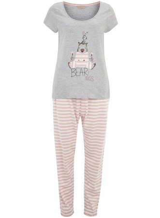 Pink bird and bear print long pajama set