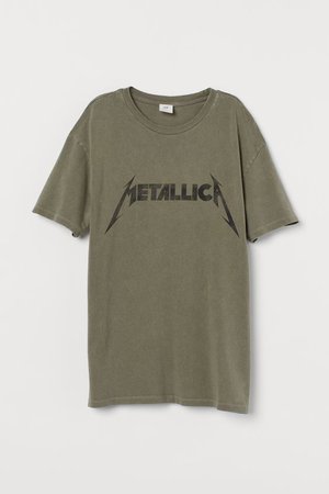 Oversized Printed T-shirt - Khaki green/Metallica - Ladies | H&M US
