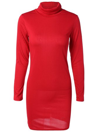 [17% OFF] 2020 Knit Turtleneck Ribbed Fitted Sweater Dress In RED | DressLily