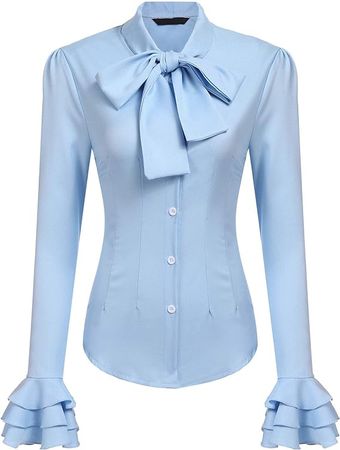 Zeagoo Women Bow Tie Neck Blouses Ruffle Long Sleeve Shirts Button-Down Office Work Casual Tops XS-3XL at Amazon Women’s Clothing store