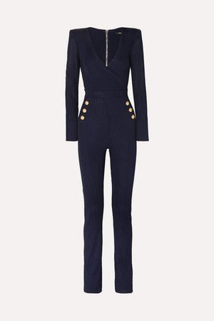 Button-embellished Ribbed Jersey Jumpsuit - Navy