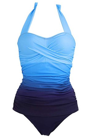 CHERRY CAT Women Vintage Ruched Swimsuit Dip Dye Plus Size Bathing Suit Swim Wear (US 16) Sapphire at Amazon Women’s Clothing store