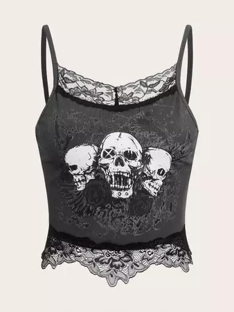 Is That The New Skull Print Contrast Lace Cami Top ??| ROMWE USA