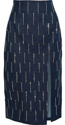 Crystal-embellished Fringed Denim Midi Pencil Skirt