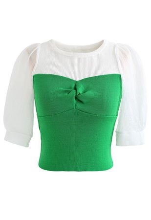 Twisted Front Spliced Fitted Knit Top in Green - Retro, Indie and Unique Fashion
