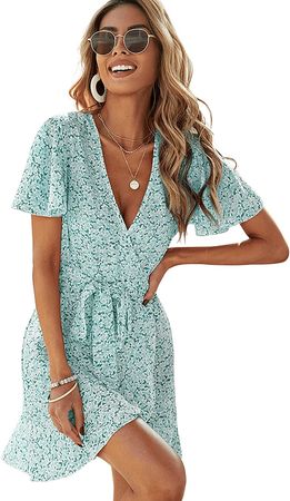 SheIn Women's Floral Tie Front Ruffle Mini Dress V Neck Short Sleeve A Line Flare Dresses