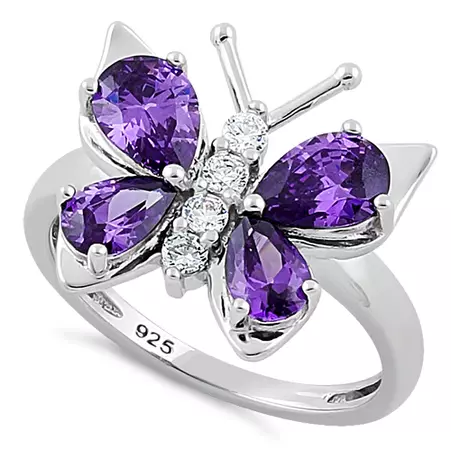 Sterling Silver Amethyst Butterfly CZ Ring | Dreamland Jewelry