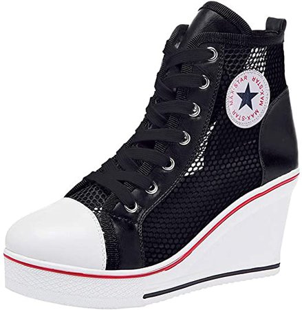 Amazon.com | Padgene Women's Sneaker High-Heeled Fashion Canvas Shoes High Pump Lace UP Wedges Side Zipper Shoes (5 US, Black 2) | Fashion Sneakers