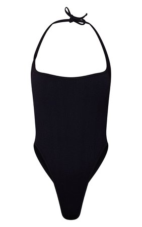Black Contour Rib Halter Tie Bodysuit | PrettyLittleThing USA