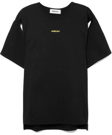 Cutout Printed Cotton-jersey T-shirt - Black