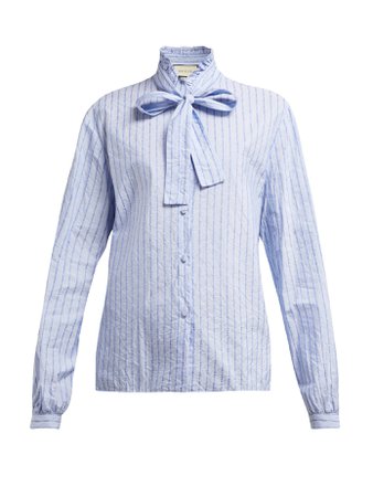Pussy-bow striped logo-jacquard cotton shirt | Gucci | MATCHESFASHION.COM