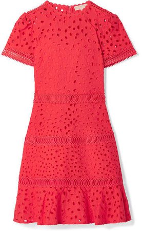 Crochet-trimmed Broderie Anglaise Cotton Mini Dress - Papaya
