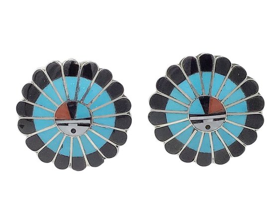 Burdian Soseeah Zuni Handmade Turquoise, Mediterranean Coral, Black Jet, And Mother Of Pearl Sunface Earrings