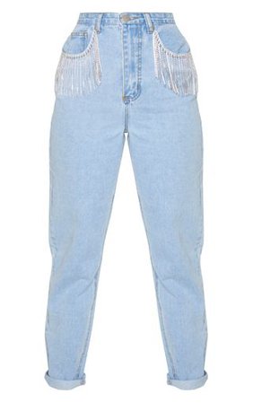 Light Blue Wash Diamante Tassel Pocket Jeans | PrettyLittleThing