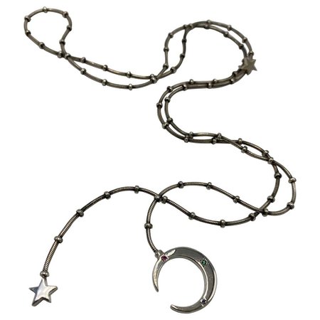 Moon Star Green Garnet Ruby Tanzanite Crescent Necklace Silver Chain