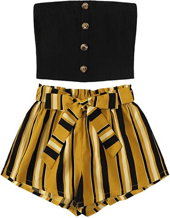 SweatyRocks Women's 2 Piece Outfit Casual Button Front Bandeau Crop Top and Belted Shorts Set