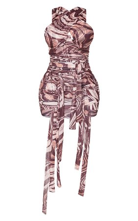 Shape Stone Marble Print Mesh Wrap Neck Tie Detail Bodycon Dress | PrettyLittleThing USA