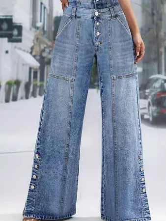 UR Daily Spliced Button Denim Straight Wide Leg Jeans