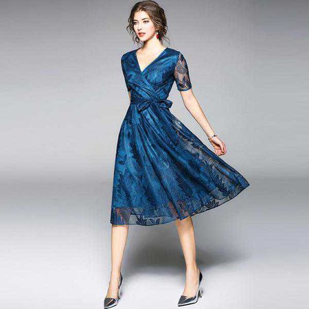 Casual Dresses | Shop Women's V-Neck Swing Dress at Fashiontage | 3cb70f4c-0-color-dark-blue-size-s
