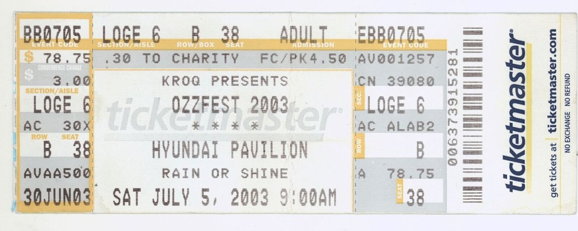 Rare OZZY OSBOURNE KORN MARILYN MANSON 7/5/03 San Bernadino CA FULL Ticket! - Concert Memorabilia