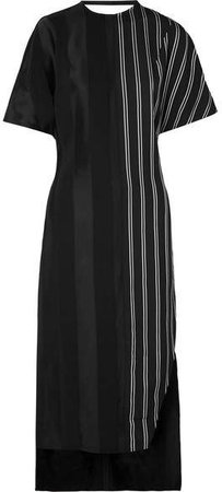 Striped Satin Midi Dress - Black
