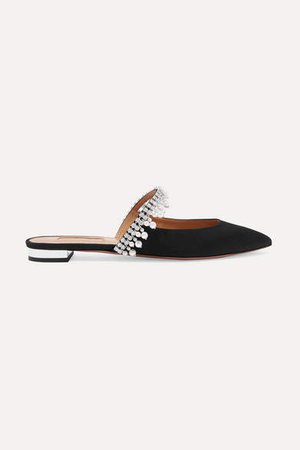 Exquisite Crystal And Faux Pearl-embellished Grosgrain Slippers - Black