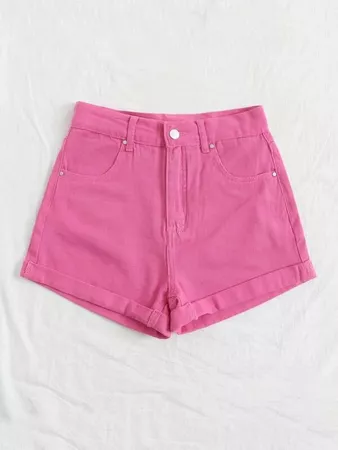 Roll Up Hem Denim Shorts | SHEIN USA pink