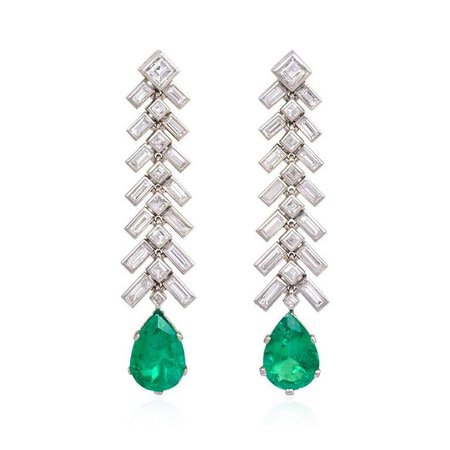 1950s Baguette Diamond and Pear-Shaped Emerald Earrings in Platinum For Sale at 1stdibs