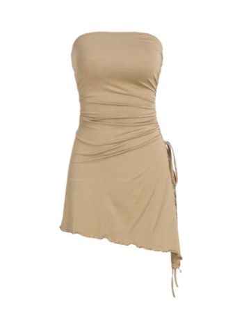 tan asymmetrical strapless dress