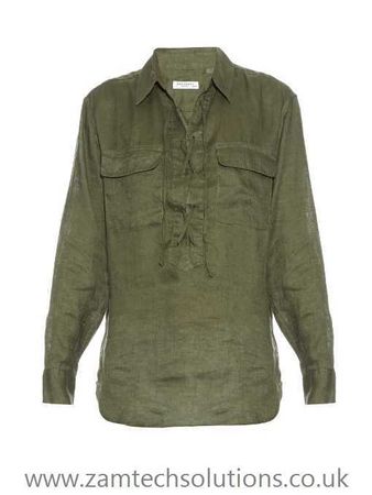 17644460716 Khaki-green Knox lace-up linen shirt Womens Point Collar Tops 1060.jpg (510×680)