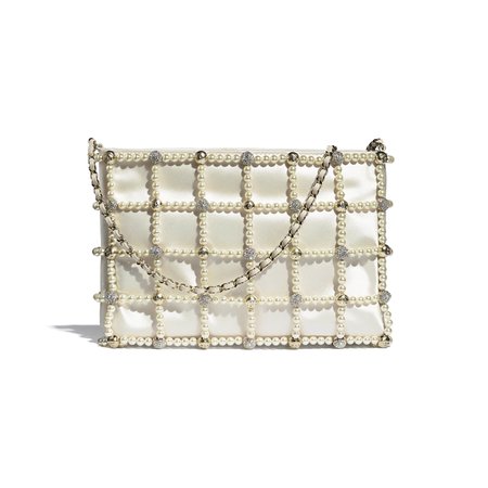 Chanel, clutch Satin, Glass Pearls, Strass & Gold-Tone Metal White