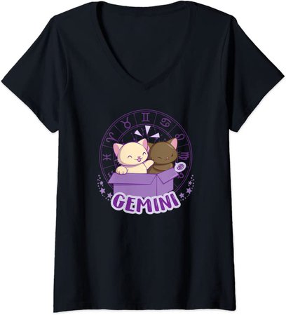 Amazon.com: Womens Kawaii Cats Astrology Zodiac Gemini V-Neck T-Shirt: Clothing