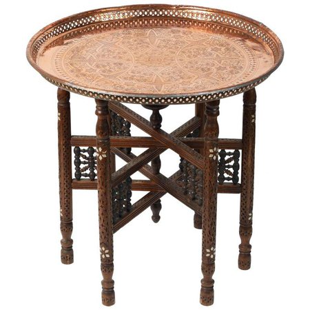 Moroccan Copper Tray Table with Folding Base - E-mosaik