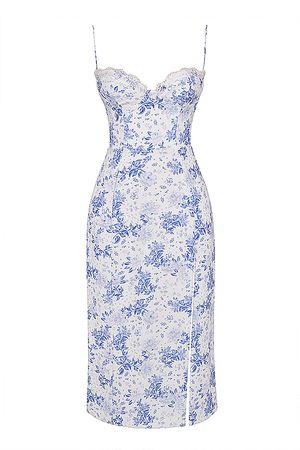 Clothing : Midi Dresses : 'Charlotte' Blue Print Corset Midi Dress