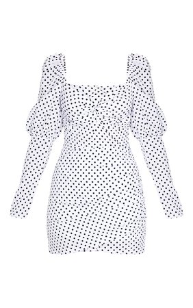 White Polka Dot Puff Sleeve Twist Detail Bodycon Dress - New In | PrettyLittleThing USA
